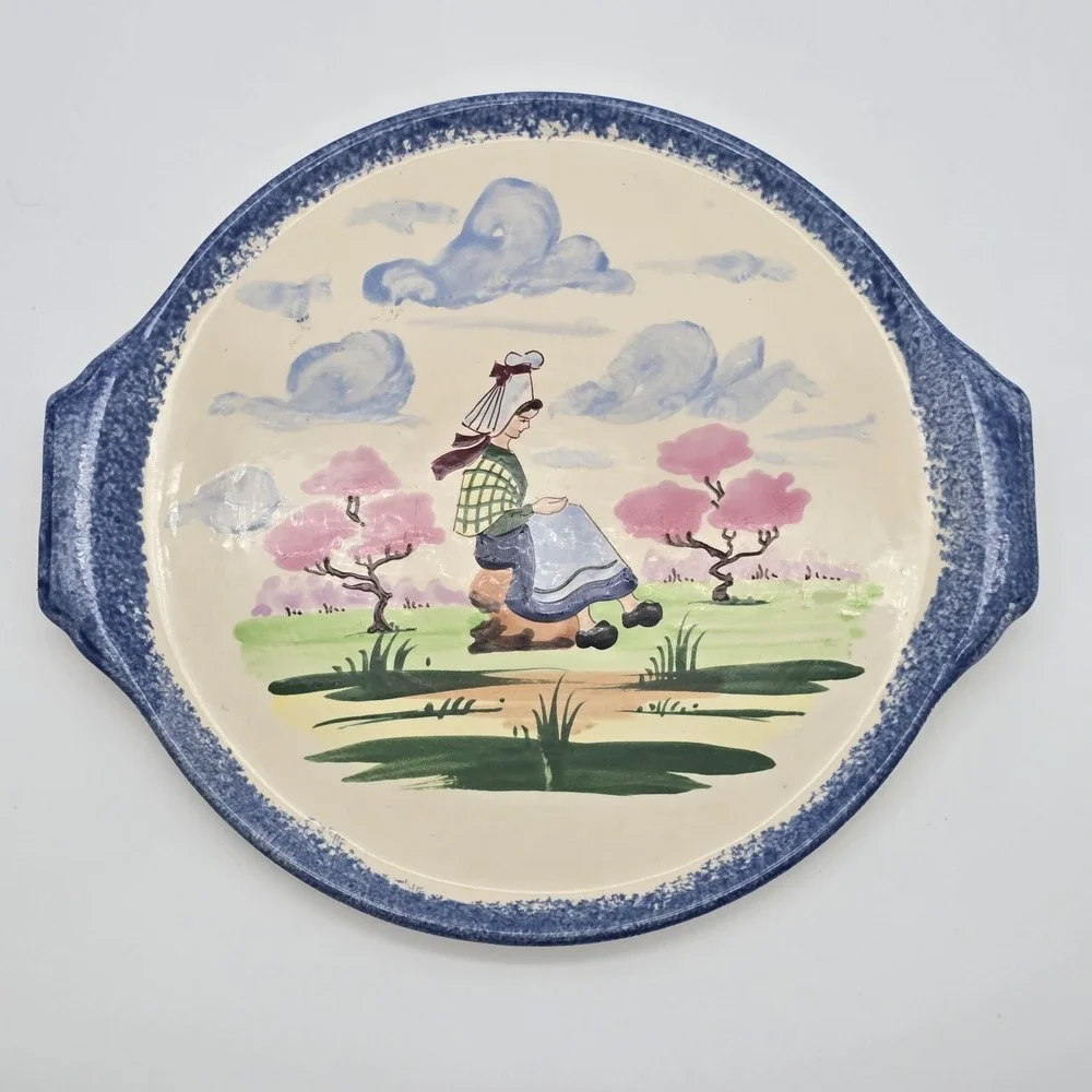 Vintage Fait Main‎ French Hand Painted Ceramic Serving Platter Folk Art Scene